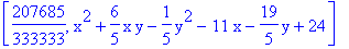 [207685/333333, x^2+6/5*x*y-1/5*y^2-11*x-19/5*y+24]